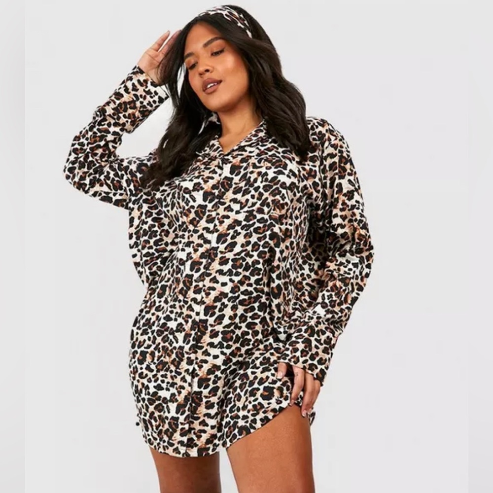 BOOHOO - Plus Size Leopard Print Shirt Dress - US 24